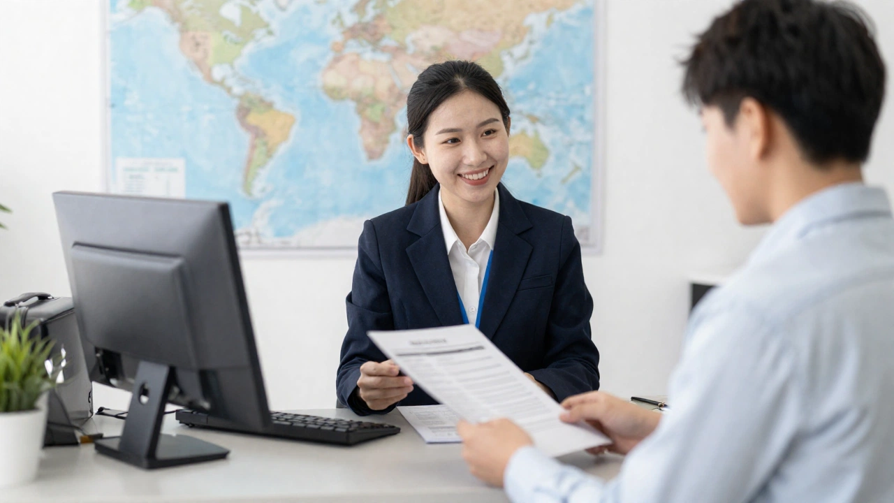 cheerful visa officer at a bright, welcoming consulate office reviewing documents with a smiling traveler, both surrounded by travel-related items like luggage, a world map in the background, and a flight boarding pass