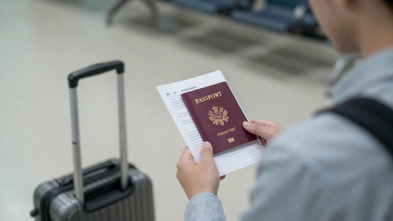 A traveler calmly waiting in a modern environment with passport and documents, evoking patience during ETIAS processing