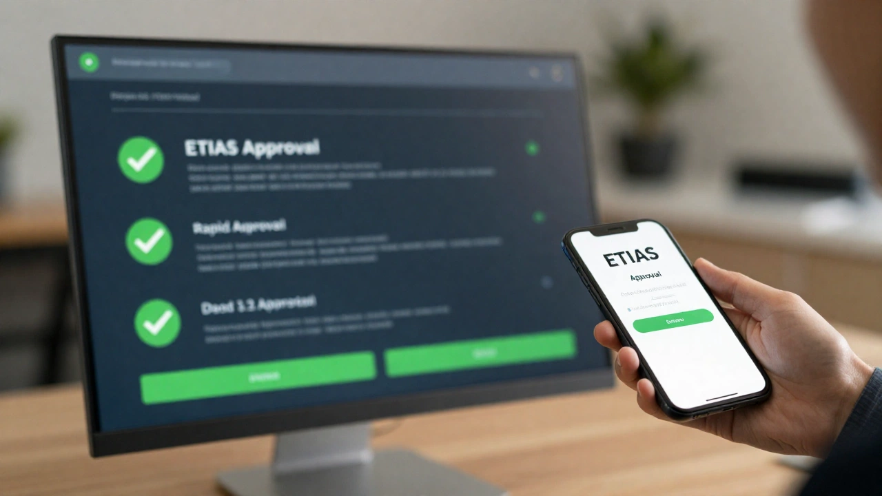 A futuristic, digital-style scene illustrating the rapid ETIAS approval process