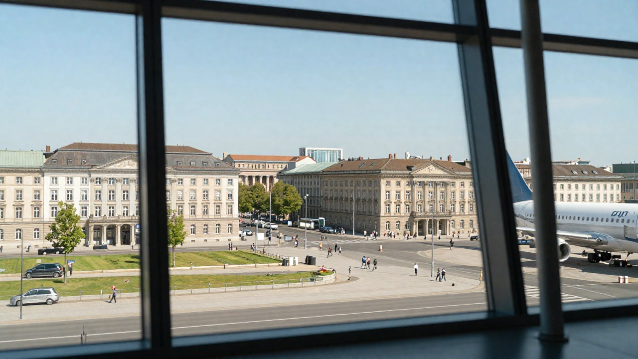 A serene European cityscape viewed from an airport window, suggesting the possibility of leaving the airport during a layover. The scene includes iconic architecture, people walking leisurely, and a clear sky evoking a sense of exploration and travel freedom.