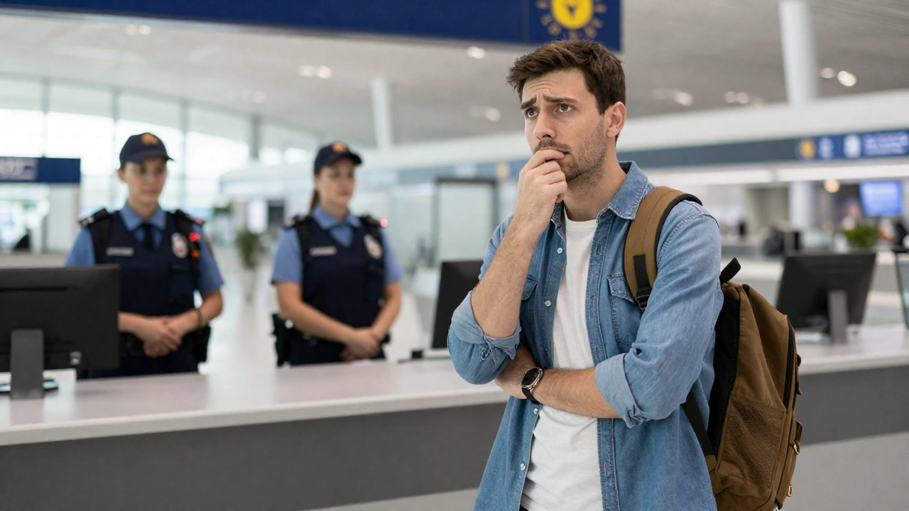 A traveler standing at a passport control counter inside a European airport, showing a mix of anticipation and slight concern, with uniformed border officers in the background. The airport terminal interior is modern and brightly lit.