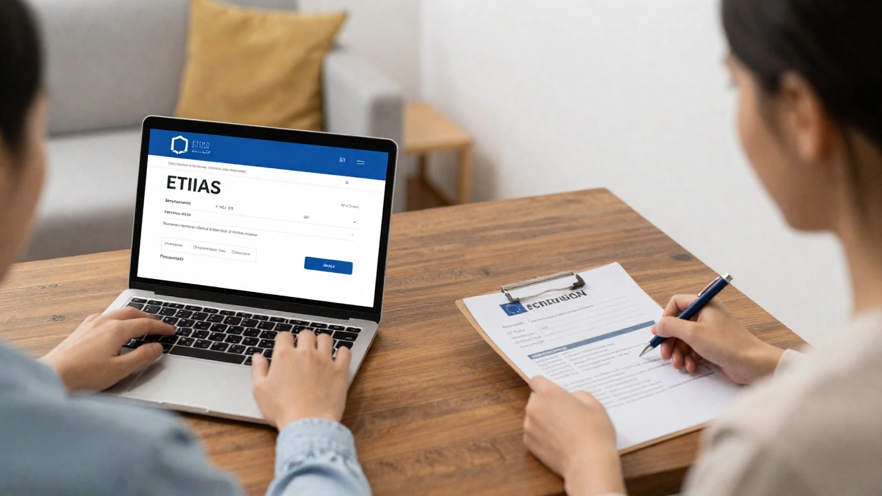 A split scene showing two different travelers: one submitting a digital application online comfortably at home for ETIAS, and the other visiting an embassy or consulate for a Schengen visa, highlighting the contrast between the two application processes.