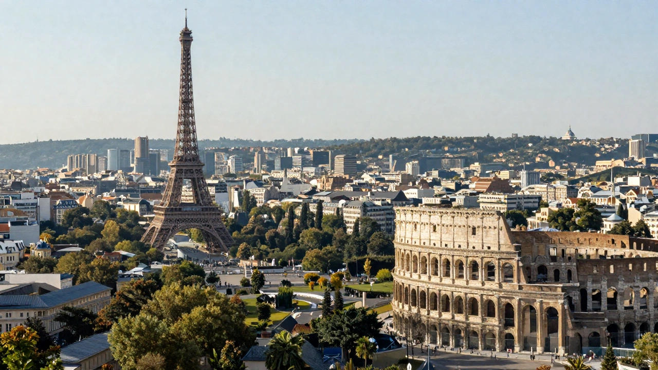 A serene European cityscape with iconic landmarks from multiple Schengen countries visible, portraying the freedom of movement and the passport-free travel experience within the Schengen Area.