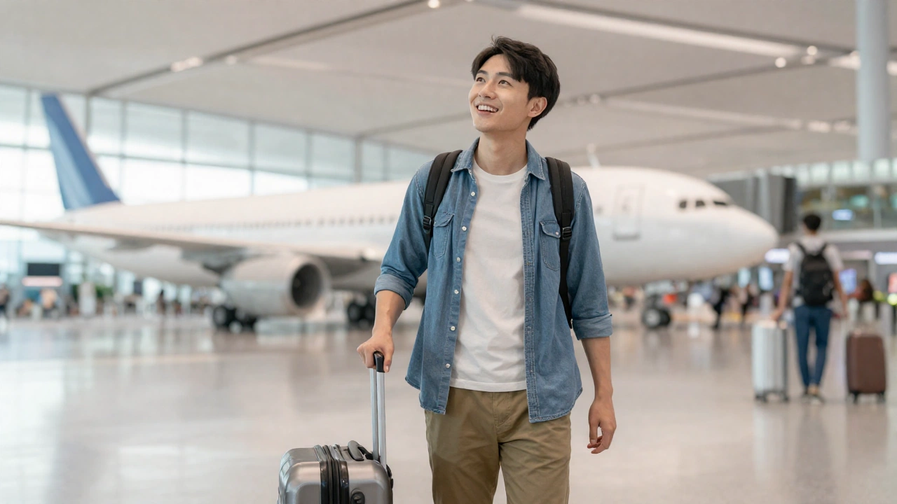 traveler checking in at airport with suitcase