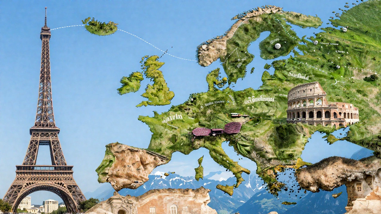 A dynamic montage of European landmarks (like the Eiffel Tower, Colosseum, and Swiss Alps), connected by animated pathways representing multiple trips in and out of the Schengen Area, conveying the idea of hopping between countries and tracking days spent inside the zone.