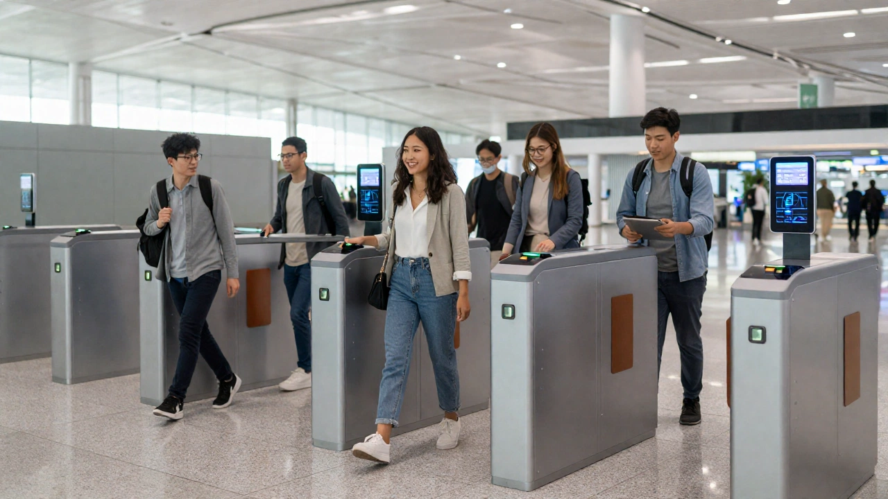 A modern, sleek airport border crossing scene showcasing travelers smiling as they pass through digital gates with glowing scanners and futuristic interfaces, highlighting the new digital border system with an efficient, secure, and welcoming atmosphere.