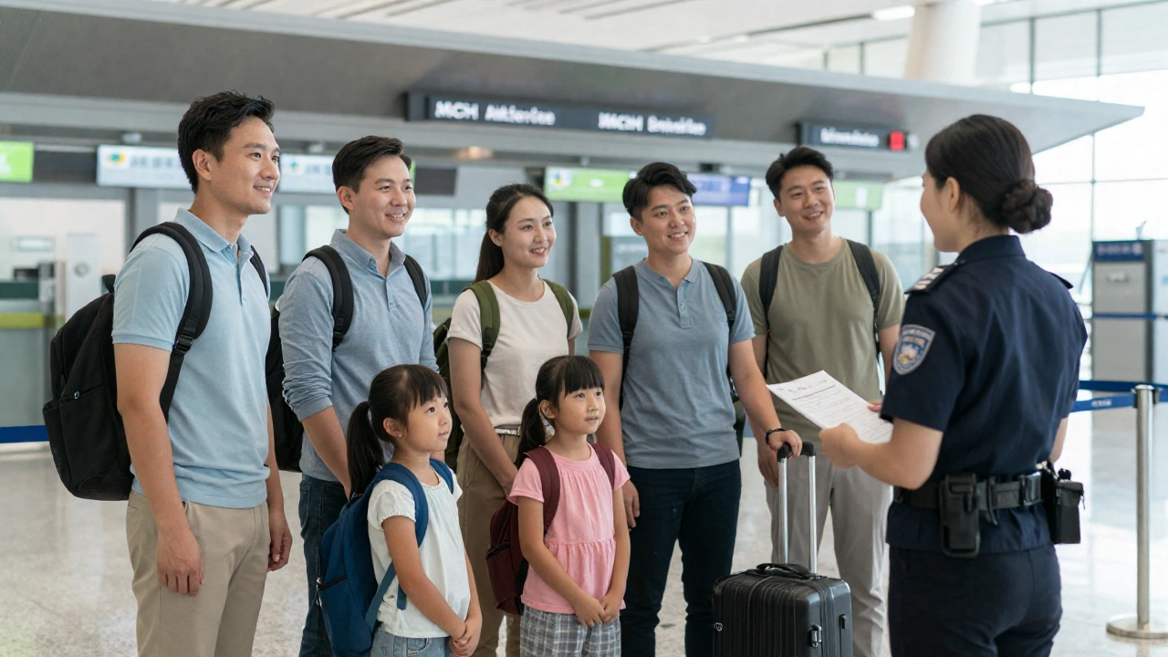 a group of diverse travelers, including adults and children, standing near an immigration checkpoint at an airport, smiling and interacting politely with an immigration officer, emphasizing the border control experience and the importance of travel authorization