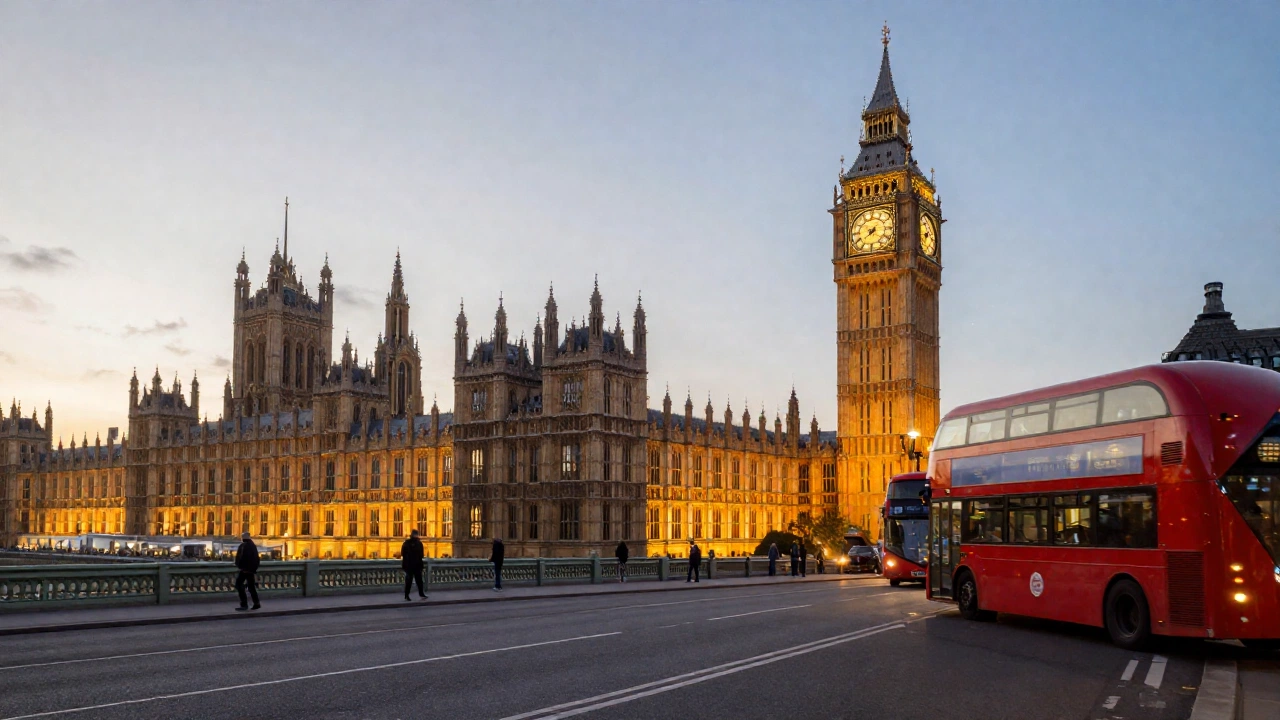 a cozy UK cityscape scene at dusk with iconic landmarks such as Big Ben and red double-decker buses, evoking the atmosphere of a British visit filled with tourism and cultural exploration