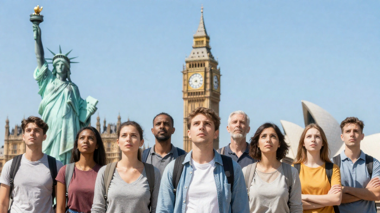 A diverse group of people standing in front of iconic landmarks representing different countries (like the Statue of Liberty for the USA, Big Ben for the UK, and Sydney Opera House for Australia), each with expressions of determination and hope, under a bright clear sky.