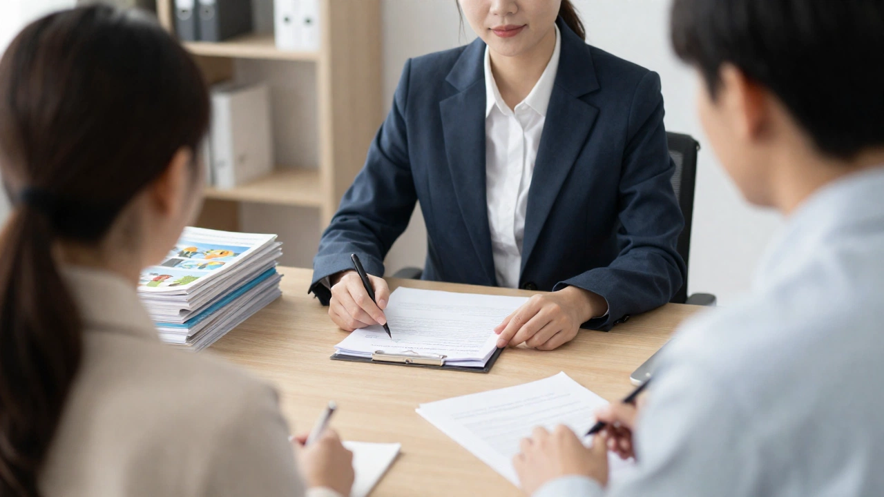 A calm and professional setting with an immigration expert consulting a traveler, showing stacks of documents and travel brochures around them, evoking trust, guidance, and support in a welcoming office environment.