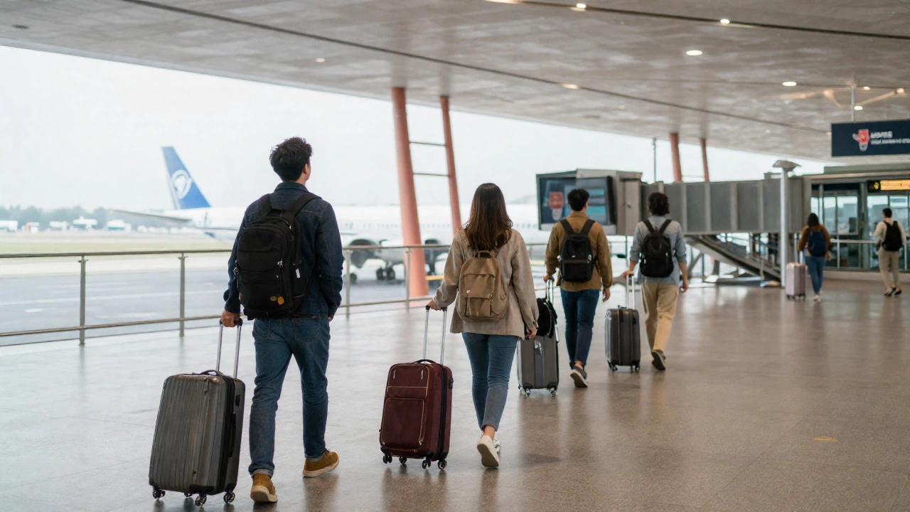 peaceful airport departure area with travelers moving towards gates