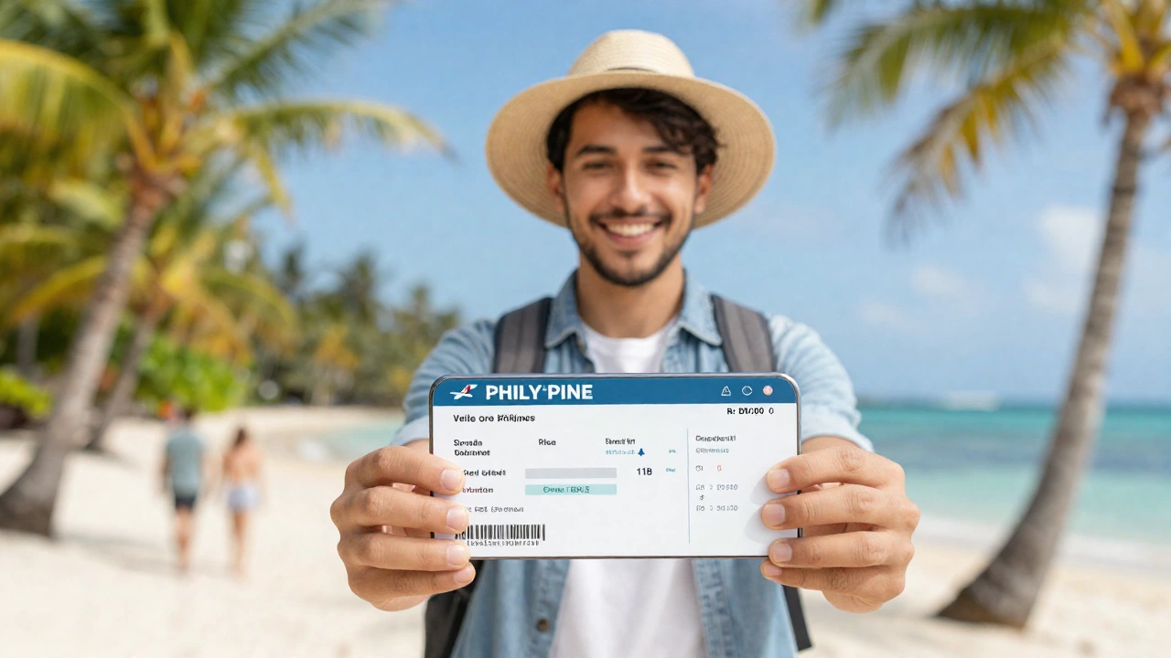 A traveler joyfully holding a phone or ticket confirmation in a lively tropical setting, symbolizing the relief and confidence of having a verified flight reservation while planning a trip to the Philippines.