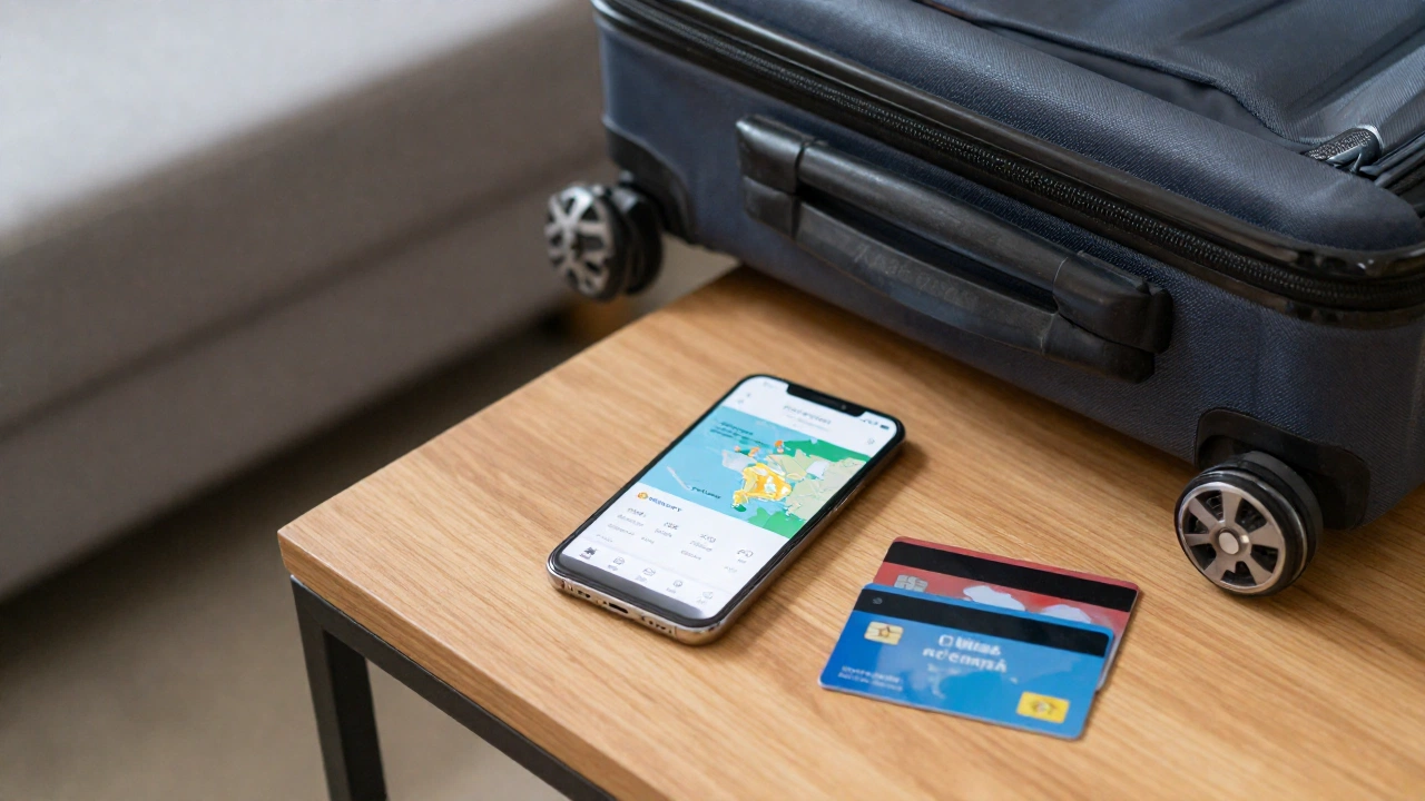 A close-up scene of a suitcase, a smartphone showing a travel app (screen not visible), and bank cards lying on a wooden table in a cozy home setting, symbolizing preparation and proof of funds.