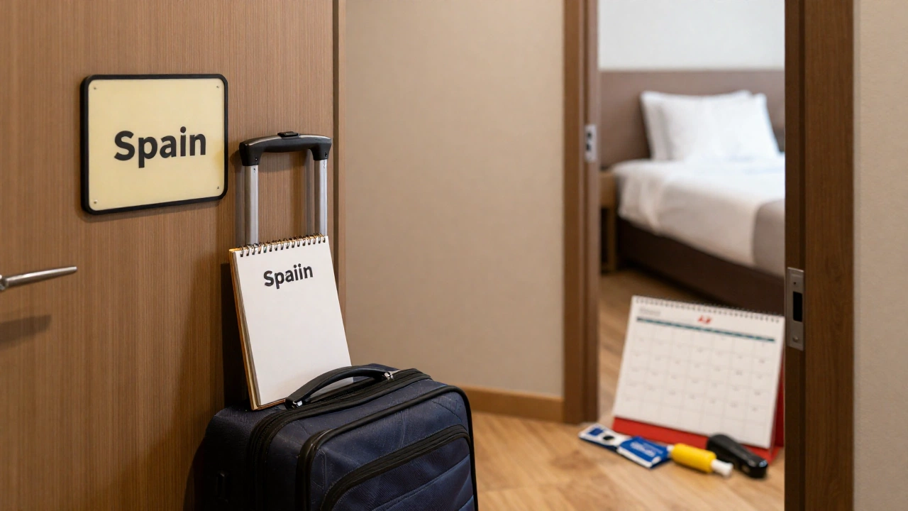 A cozy hotel room or a welcoming home interior with luggage by the door, signifying accommodation proof, alongside a calendar and travel essentials arranged neatly, evoking preparation and assurance for a trip to Spain.