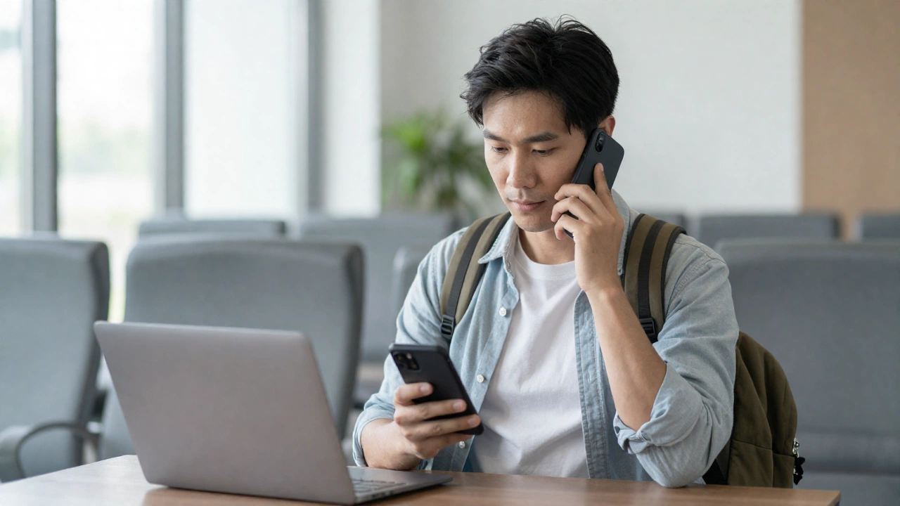 A calm traveler calmly making a phone call or checking a smartphone in a bright, modern setting, symbolizing the practical steps of confirming bookings with airlines and consulates, highlighting careful planning and reassurance before travel.