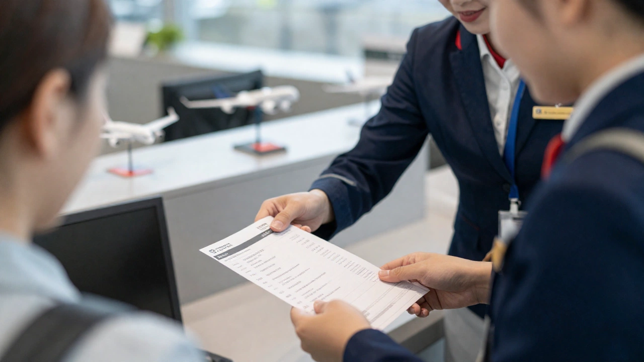 airline staff assisting passenger at airport check-in counter, verifying flight reservation