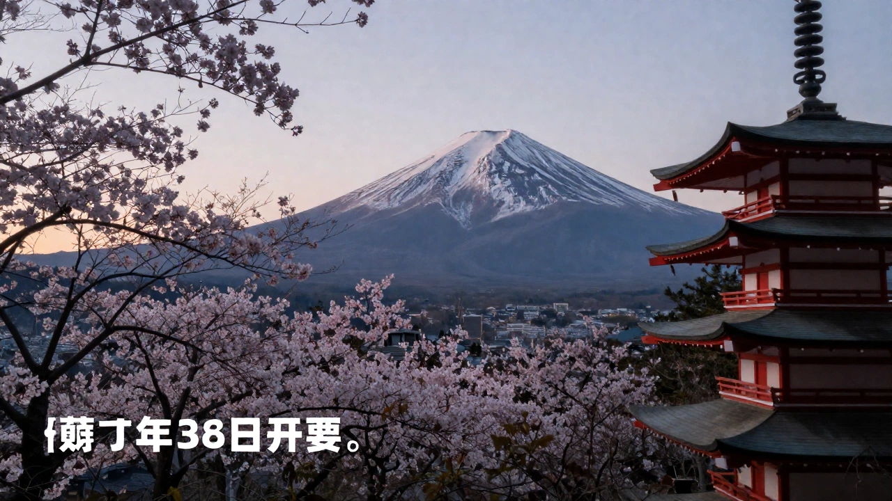 peaceful Japanese landscape with cherry blossoms and Mount Fuji at dusk