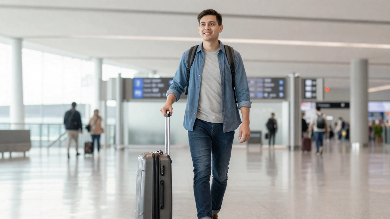 traveler walking confidently through airport terminal
