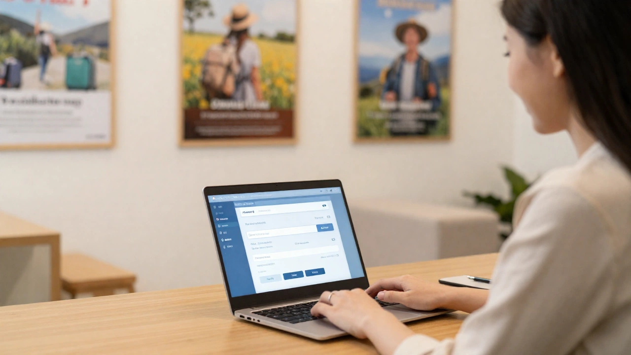 traveler booking flight reservations with a travel agent using laptop surrounded by travel posters