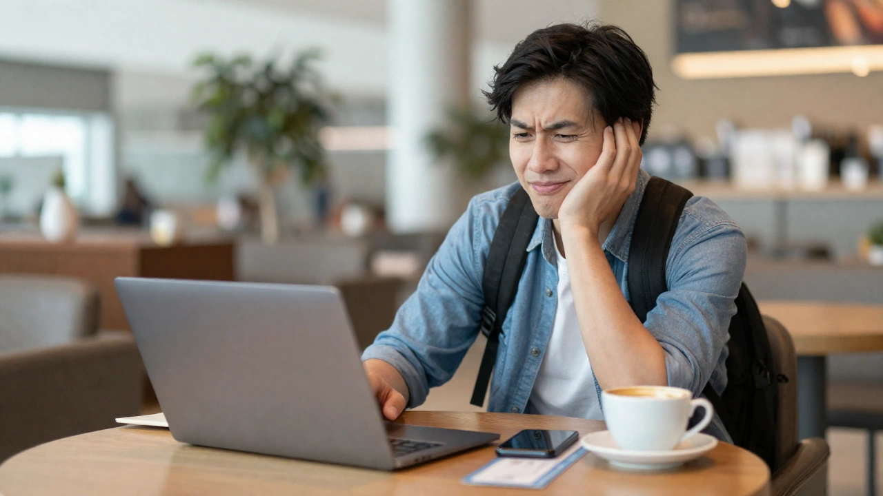 A relaxed traveler sitting at a cozy café or airport lounge with a laptop and smartphone, smiling relieved with a cup of coffee nearby, symbolizing the ease and flexibility of using flight reservations rather than purchased tickets.