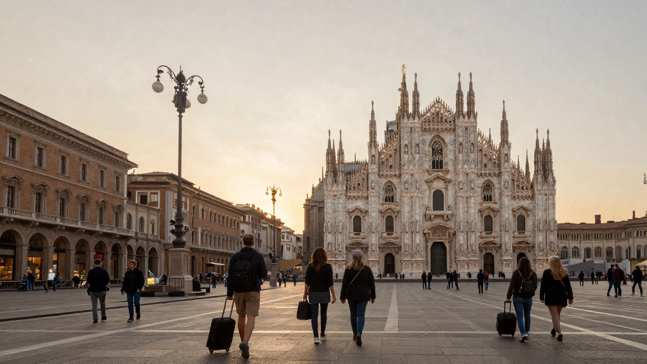 serene Italian cityscape with travelers and luggage