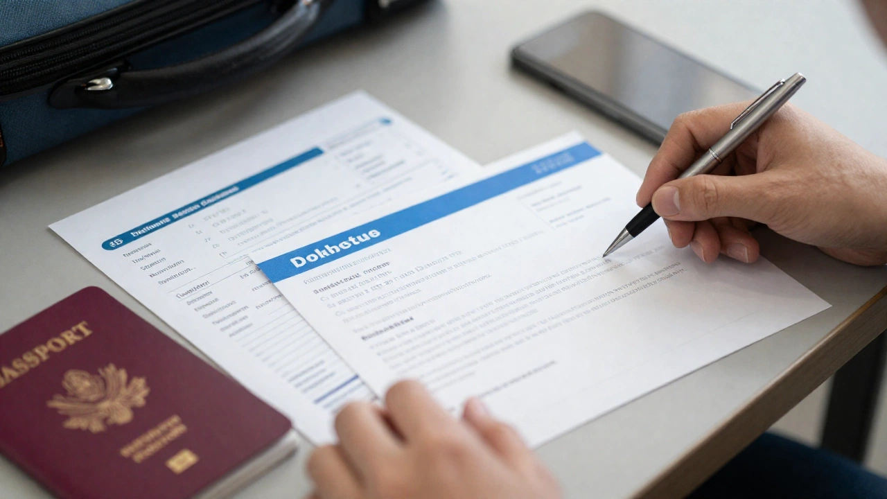 A close-up scene of a traveler organizing travel documents on a table: flight tickets (no visible text), hotel reservation confirmations, financial proof letters, and personal belongings like a passport holder and a pen, conveying preparation and thoroughness.