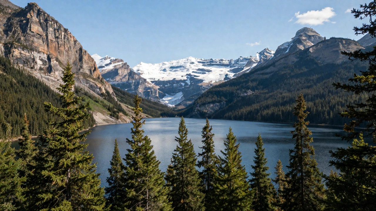 A serene Canadian landscape featuring iconic natural scenery such as pine forests, lakes, and mountains under a clear sky, evoking the welcoming and vast environment of Canada as a travel destination.