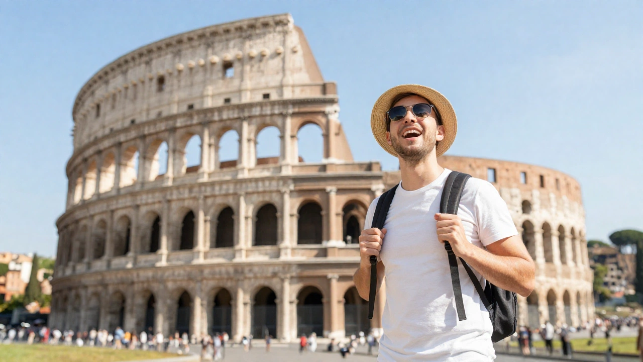 An enthusiastic traveler happily exploring iconic Italian landmarks like the Colosseum or a quaint piazza, with bright sunny weather and a feeling of excitement and adventure.