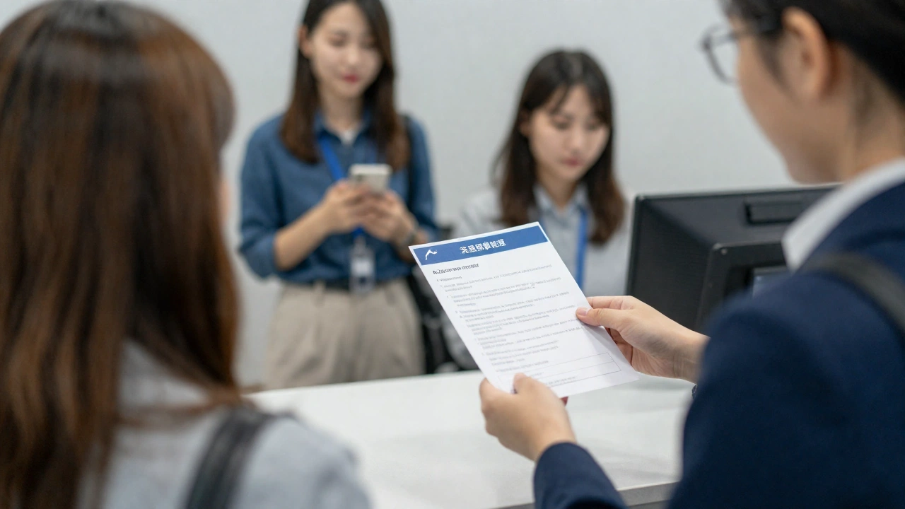 An airline check-in counter with passengers ready to board, focusing on a traveler presenting proof of onward or return travel to the airline staff, highlighting the importance of airline policies and preparation before departure.