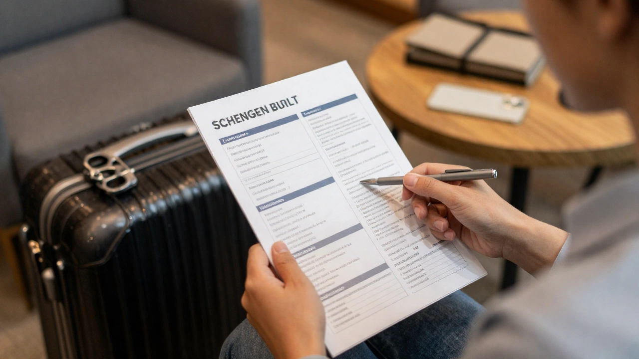 A cozy travel planning scene: a traveler reviewing a detailed itinerary and accommodation plans in a comfortable setting like a café or hotel lobby, surrounded by travel essentials and a relaxed atmosphere, symbolizing careful preparation and confidence for Schengen visa entry requirements.