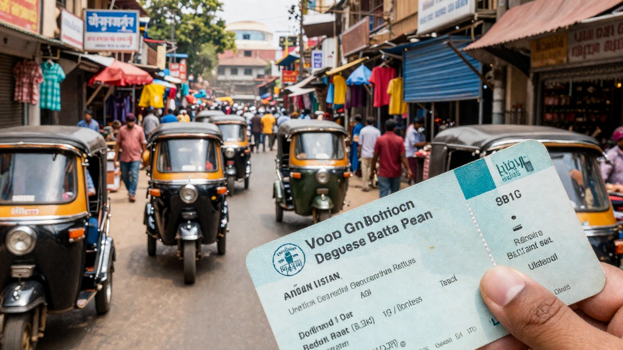 colorful street scene with people and rickshaws in India