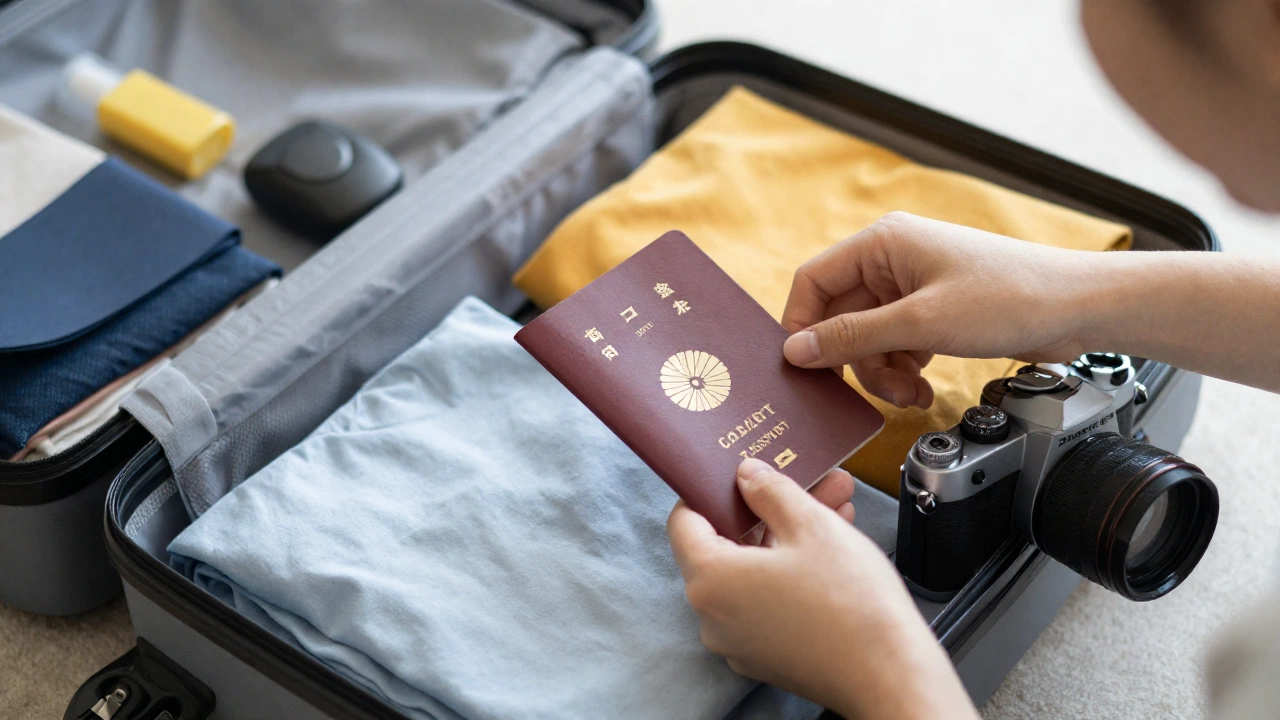 traveler packing a suitcase with passport and travel accessories