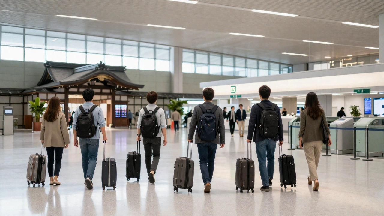 peaceful airport arrival hall in Japan with travelers and traditional architecture