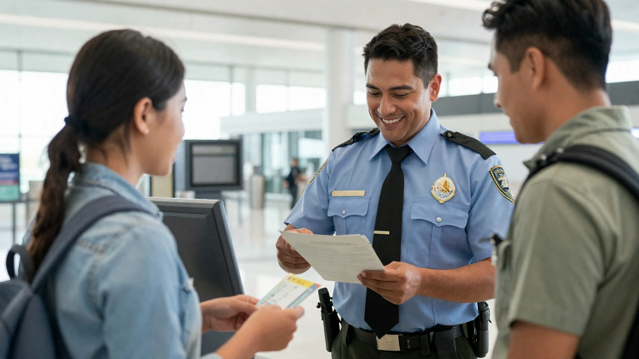 A friendly Mexican immigration officer at a bright and welcoming airport border checkpoint, examining a traveler's documents and tickets, with visible atmosphere of professionalism and travel excitement, highlighting the entry process for tourists.
