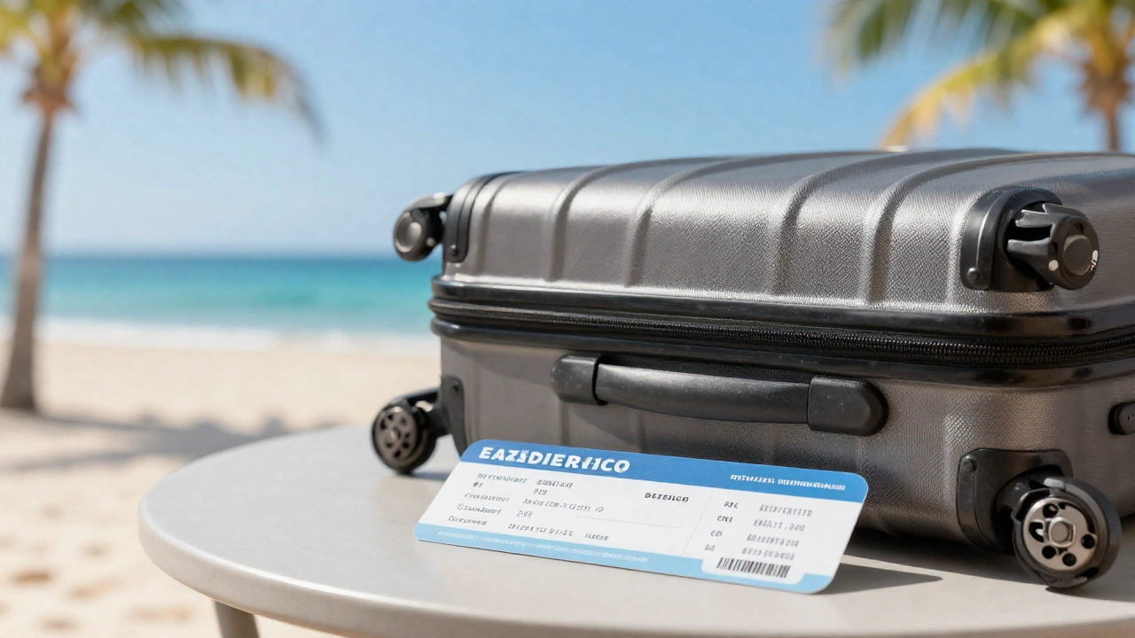 A relaxing travel scene showing a suitcase, a boarding pass (without visible text), and travel essentials placed on a sunny beach resort table overlooking the ocean and palm trees, symbolizing the carefree tourist experience after successful entry into Mexico.