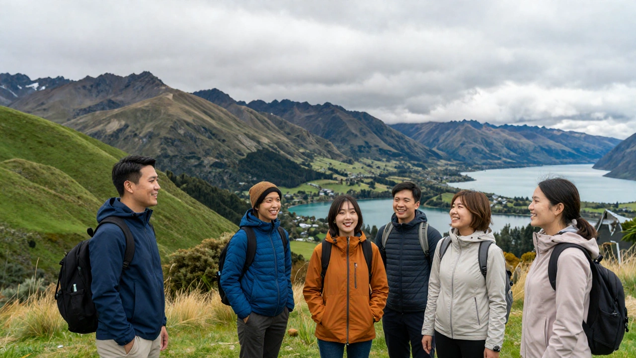 a diverse group of happy tourists exploring New Zealand landscapes, such as lush green hills, turquoise lakes, and the famous white clouds overhead, showcasing the joy and freedom of visiting the scenic ‘land of the long white cloud.’