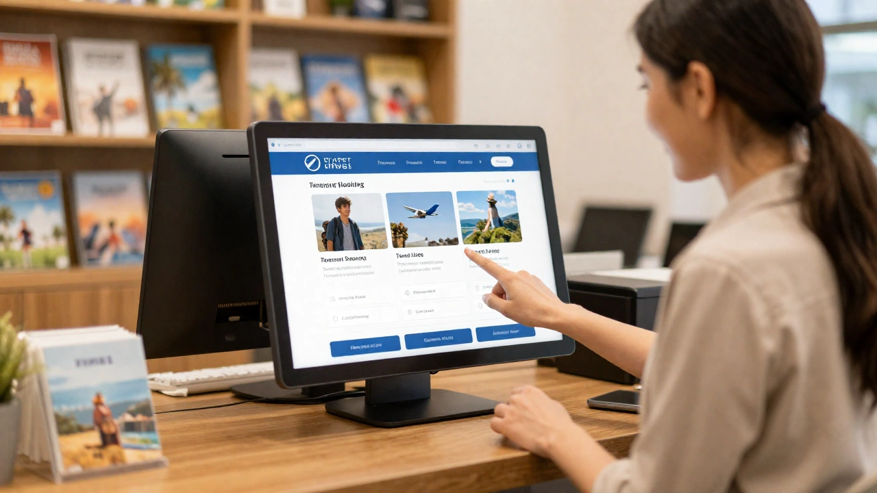 a cozy travel booking office or a digital kiosk scene with a friendly agent assisting a traveler to reserve flights and flexible hotel accommodations, surrounded by travel brochures and a warm, inviting atmosphere emphasizing easy and budget-friendly booking support.