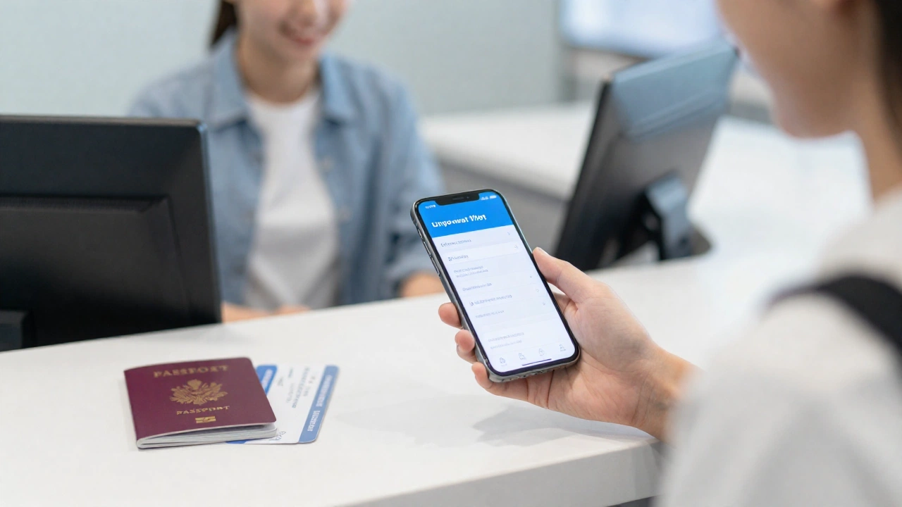 Traveler happily booking or receiving an onward flight ticket at airline counter