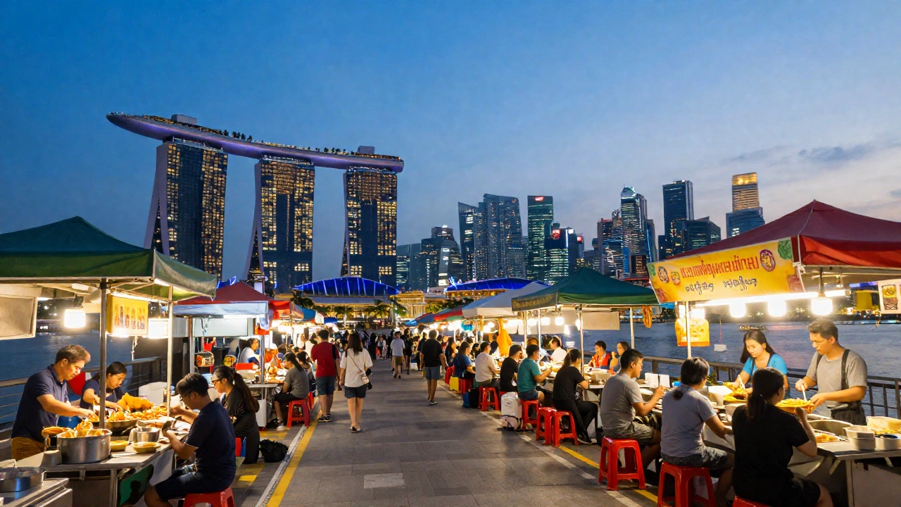 Colorful Singapore street scene at dusk with Marina Bay Sands illuminated