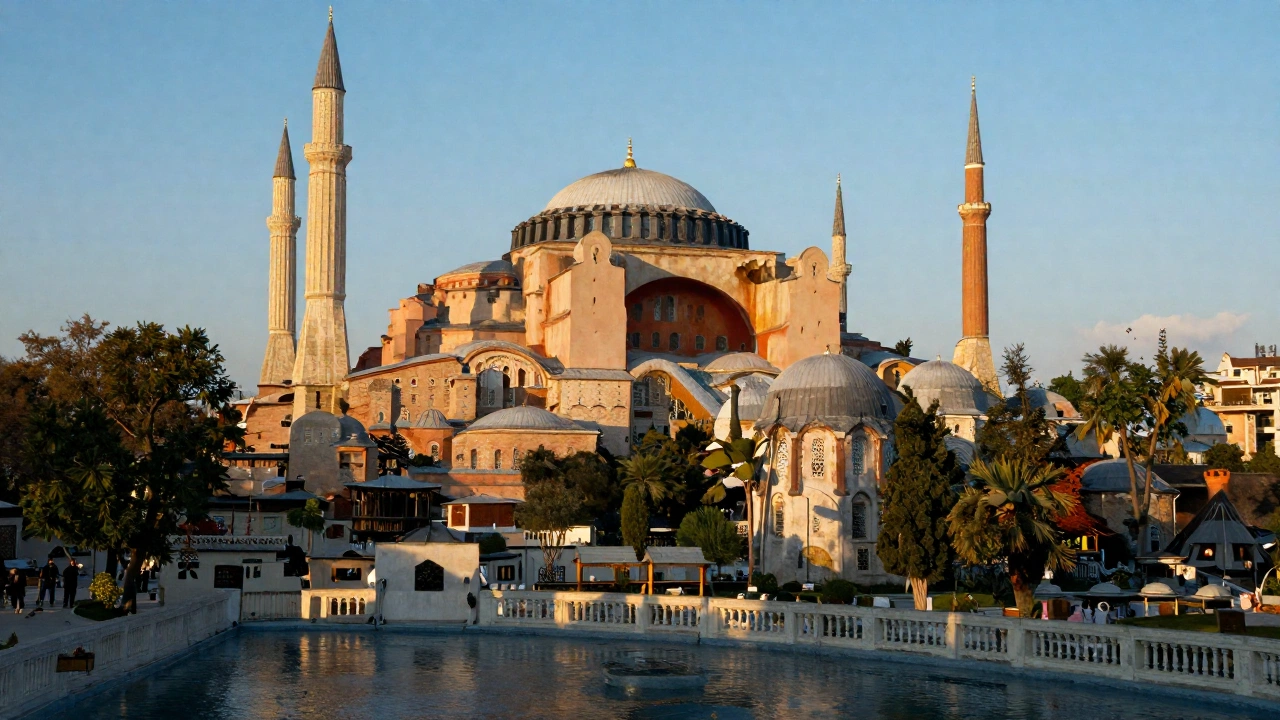 A serene Turkish landscape featuring iconic elements like the Hagia Sophia or Cappadocia’s fairy chimneys bathed in warm sunlight, evoking the allure and cultural richness of Turkey as a travel destination.