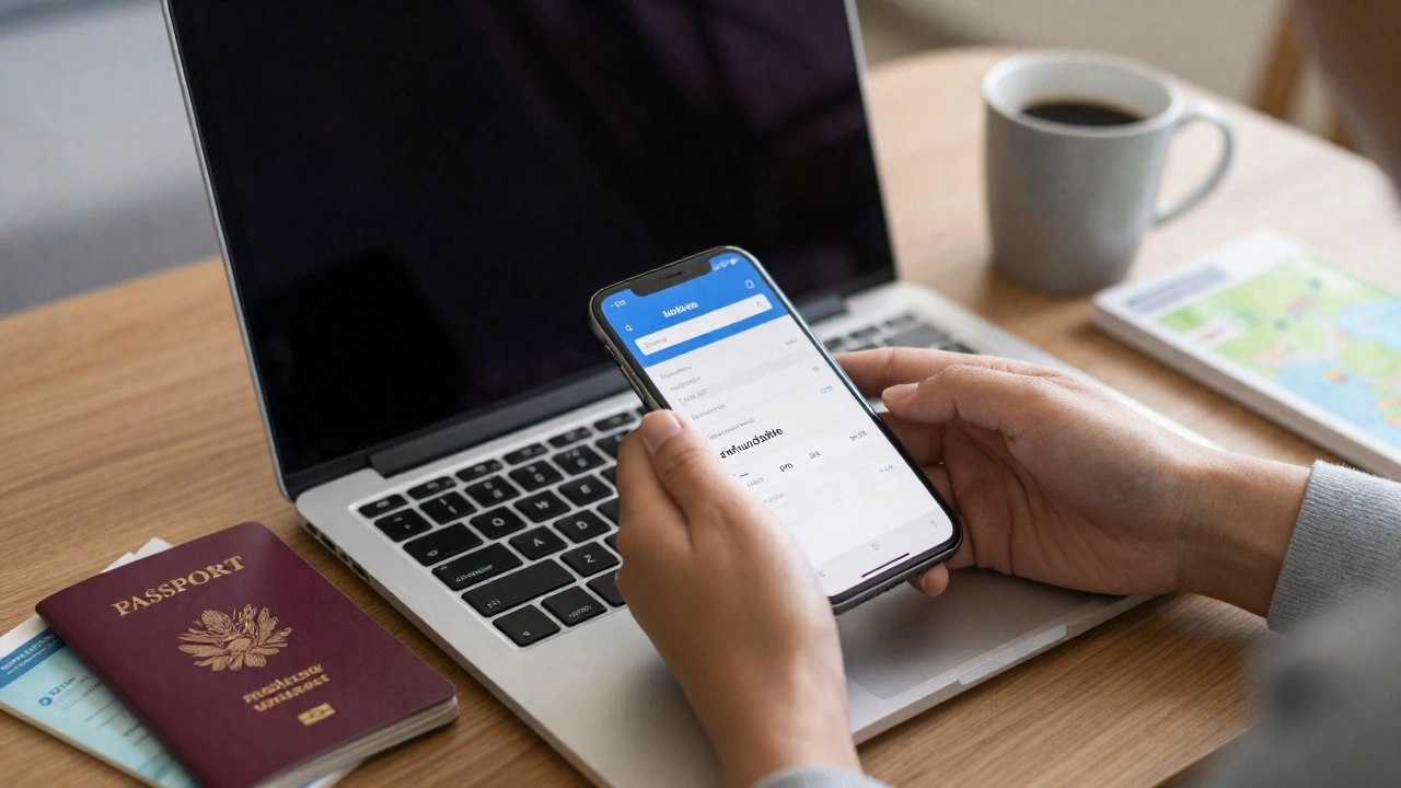 A close-up scene of a traveler's hands booking a flight on a laptop or smartphone in a cozy home setting, with travel-related items like a passport, coffee cup, and travel guide nearby, conveying the practical steps to secure flexible or refundable tickets.