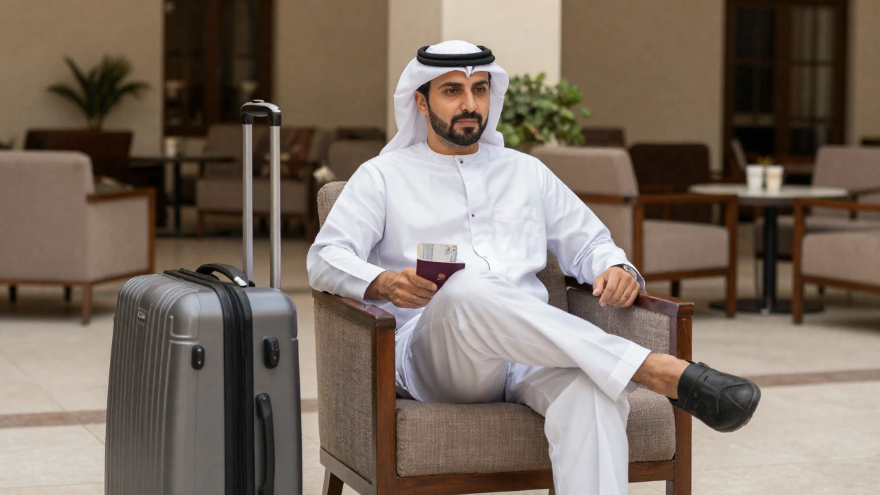 Traveler planning onward journey at a hotel lobby in Dubai