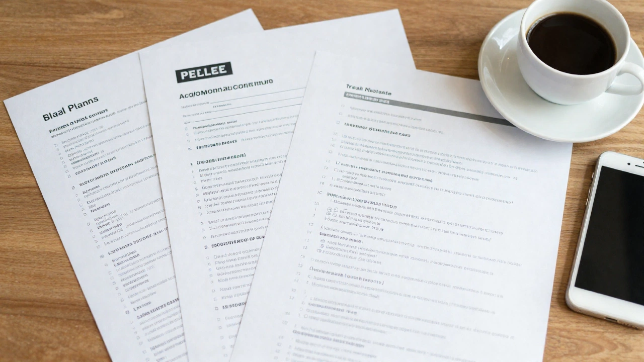 An arrangement of personal travel documents spread on a wooden table including printed bank statements, accommodation confirmations, and travel itineraries