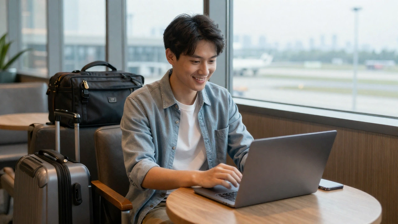A relaxed traveler sitting at a cozy cafe or airport lounge, smiling while using a laptop or smartphone, possibly booking flights and hotels online