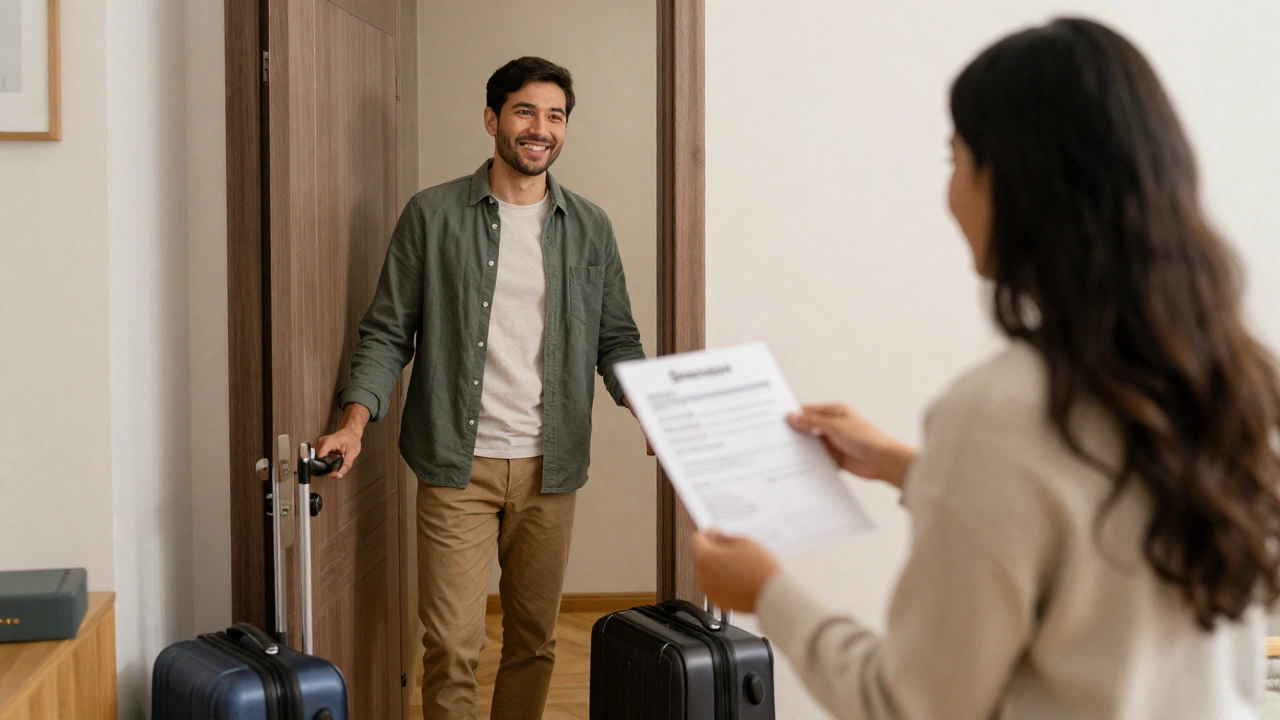 A cozy and welcoming home scene with a host warmly greeting a visitor at the door, luggage nearby, and a friendly atmosphere that represents the concept of a sponsor or invitation letter supporting a tourist's stay.