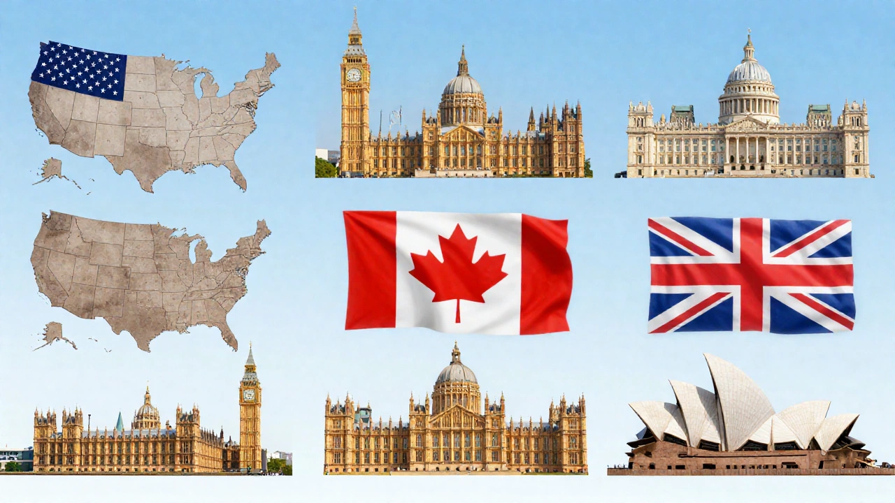A montage of iconic landmarks from the United States, Canada, the United Kingdom, and Australia under a clear sky, symbolizing popular travel destinations with diverse landscapes, evoking excitement and anticipation for a tourist visa journey.