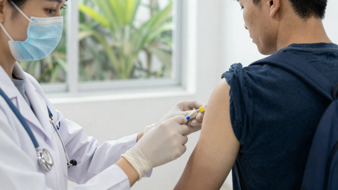 medical professional administering yellow fever vaccine shot to traveler
