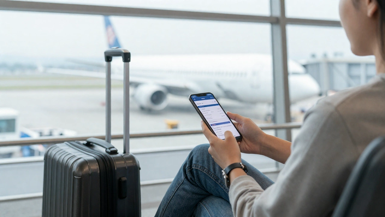 A traveler peacefully sitting at an airport lounge holding a smartphone displaying a flight booking confirmation, with luggage beside them and a view of airplanes outside large windows, creating a calm atmosphere of preparation and readiness.