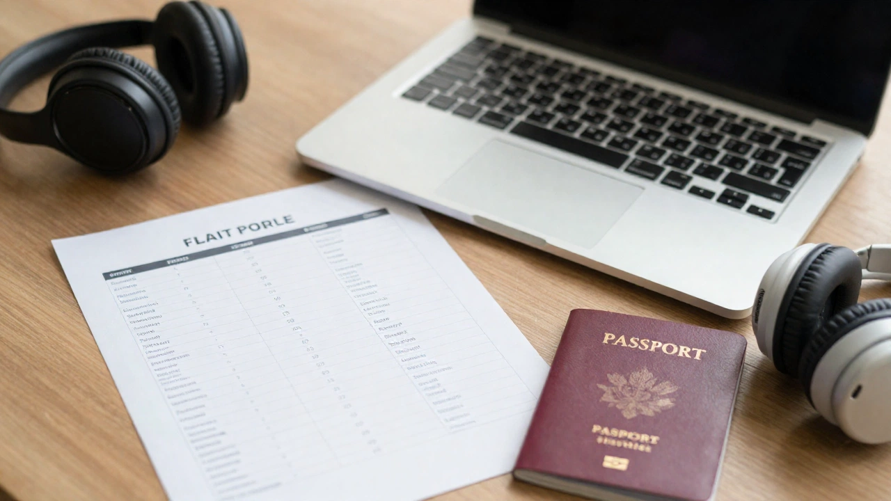 A cozy travel-themed workspace with a laptop, a printed flight itinerary (without visible text), and travel accessories like a passport cover and headphones, surrounded by soft natural light to convey planning, organization, and anticipation for a smooth journey.