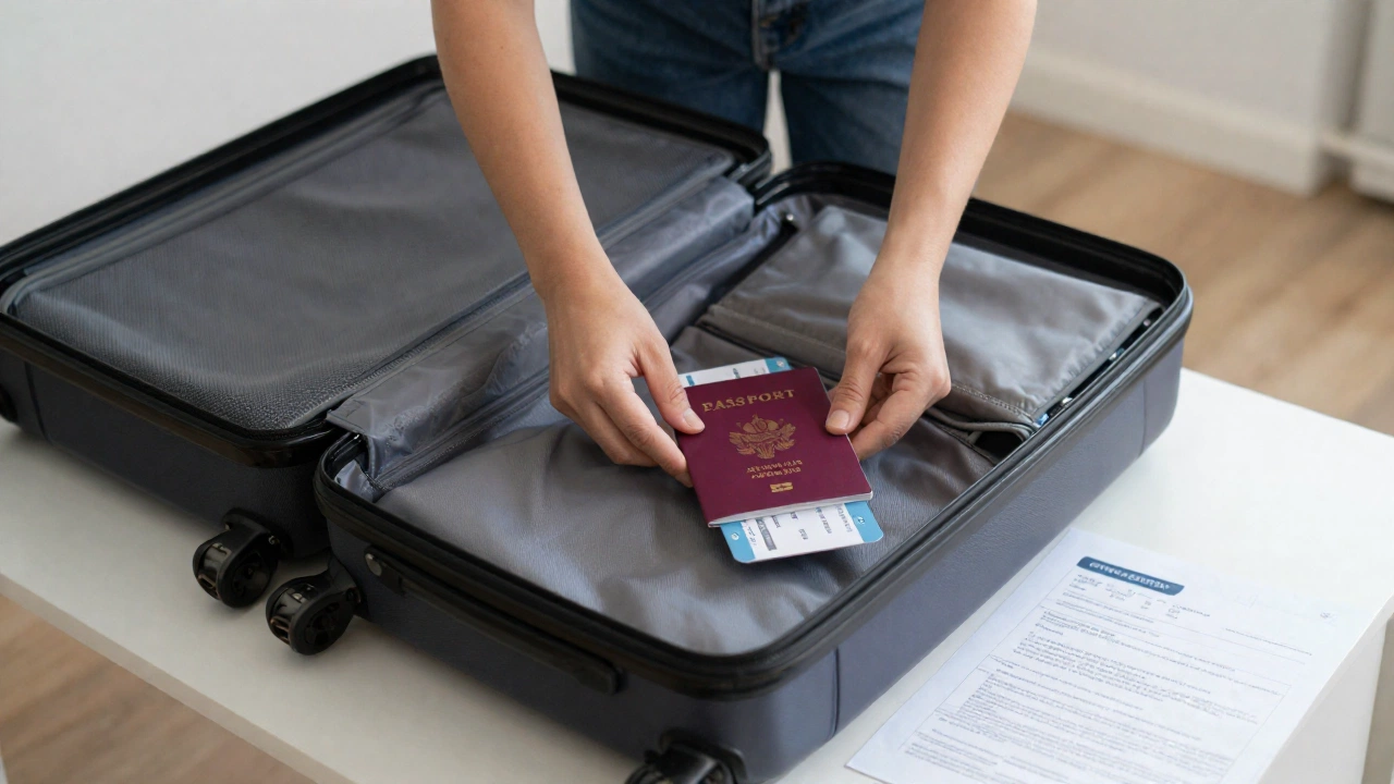 A mindful traveler preparing for a trip at home, packing a suitcase with travel essentials like a passport and flight tickets